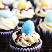 These bite-size chocolate Easter cupcakes with cream cheese frosting are adorable, festive and super tasty.