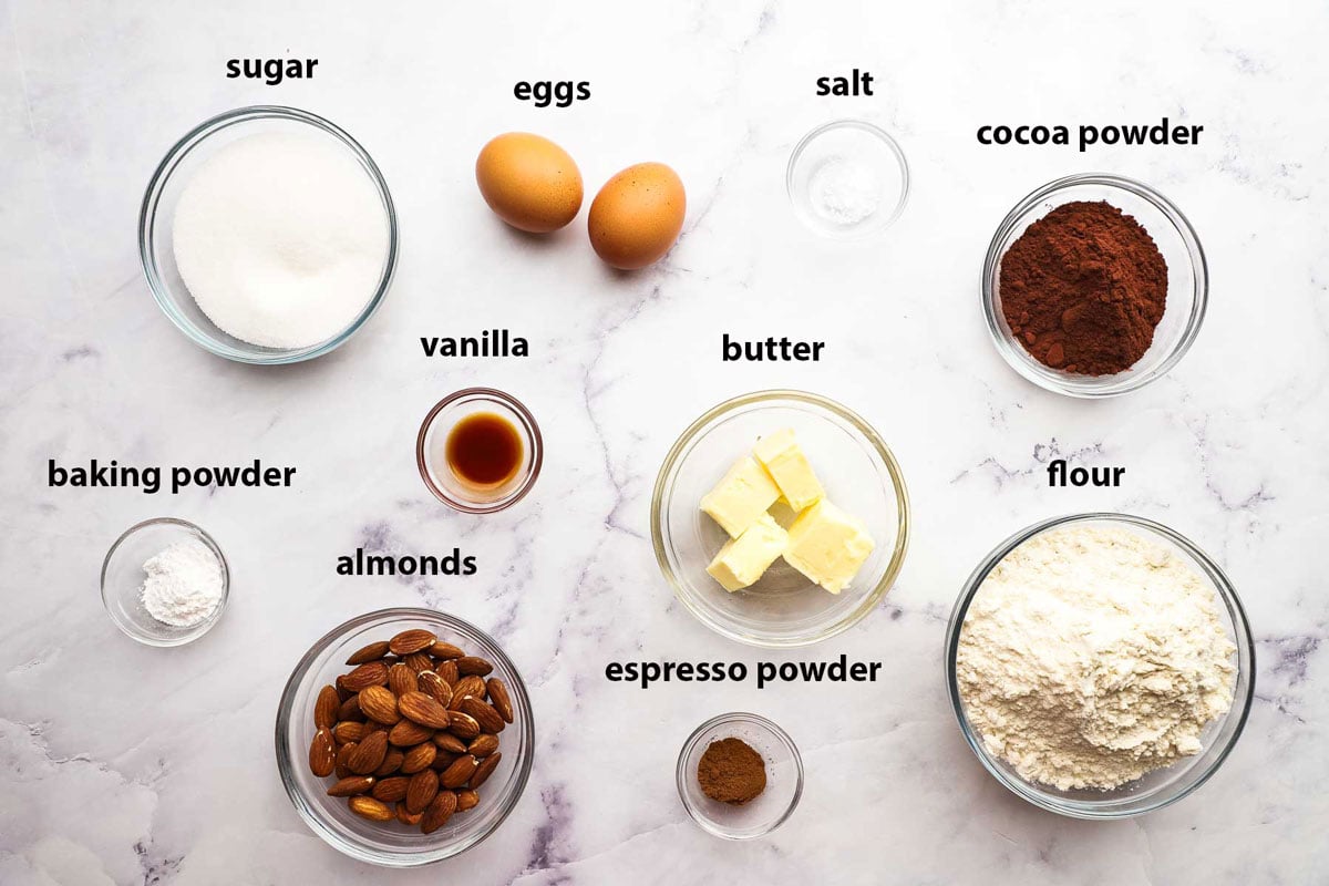 Labeled photo of ingredients to make chocolate Almond Biscotti.