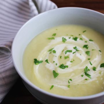 Closeup of leek and potato soup in a white bowl