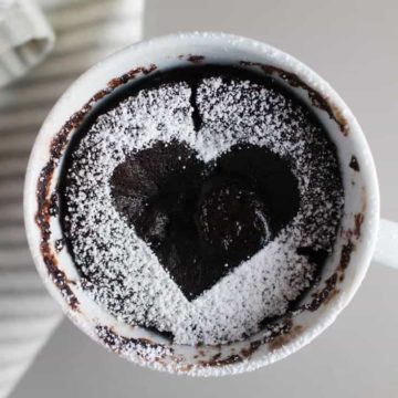 Chocolate Raspberry mug cake decorated with a heart