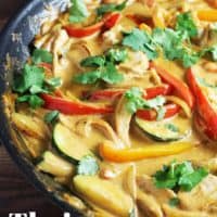 Thai red curry is easy to make, and even easier to love! Chicken and veggies are quickly sauteed and then cooked in a creamy coconut milk and red curry sauce. Served over rice, it's filling, comforting and delicious. #Thaifood, #chicken, #chickenrecipes