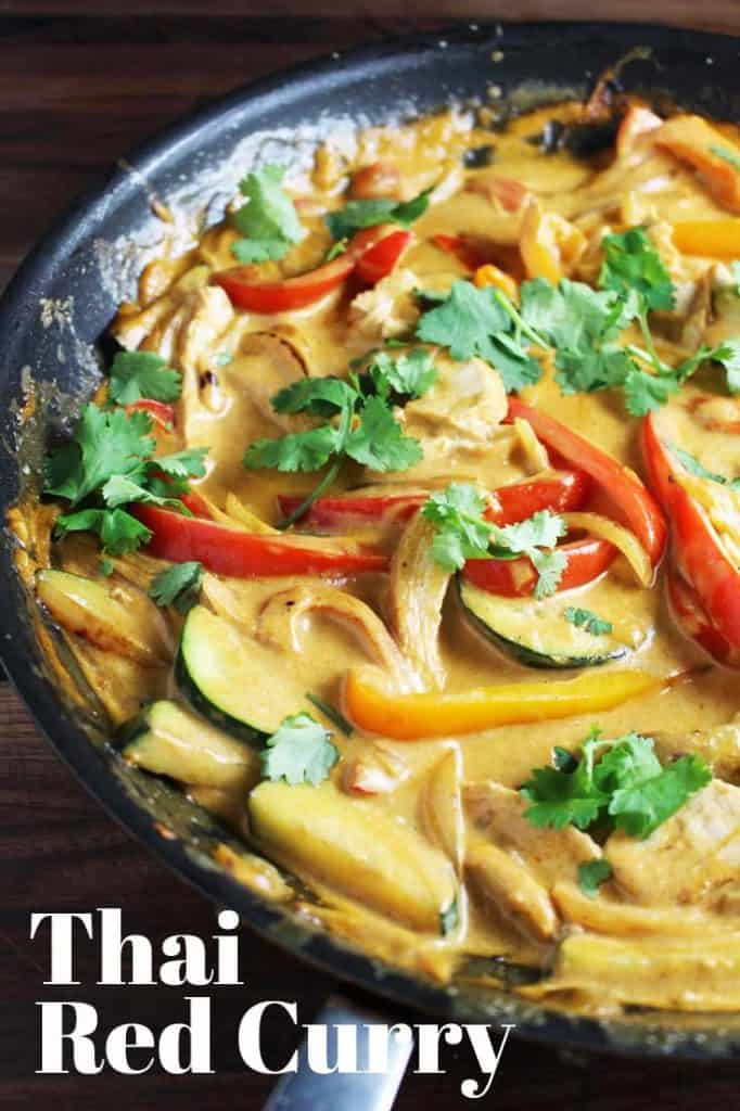 Thai red curry is easy to make, and even easier to love! Chicken and veggies are quickly sauteed and then cooked in a creamy coconut milk and red curry sauce. Served over rice, it's filling, comforting and delicious. #Thaifood, #chicken, #chickenrecipes