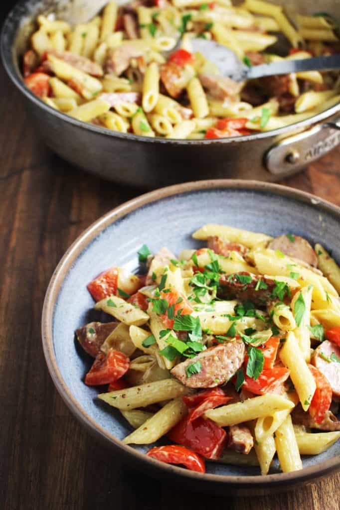 Sausage and vegetable pasta skillet served in a shallow bowl