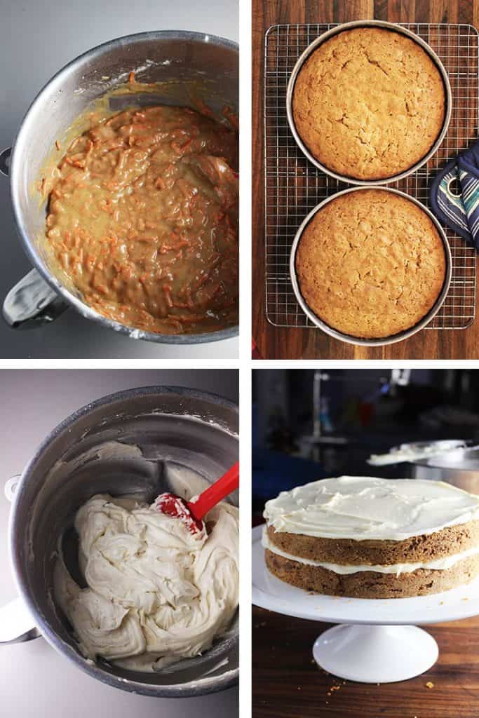 Collage of process shots for making moist carrot cake