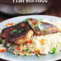 Blackened fish recipe over rice, on a plate