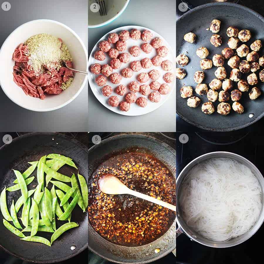 Process shots for making Asian meatballs with sriracha and honey