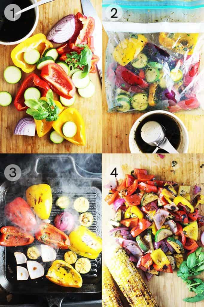 Process shots for making marinated grilled vegetables in a grill pan for summer pasta salad