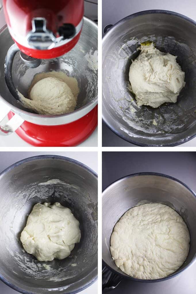 pizza dough being mixed in a mixer with dough hook, and proofing in a mixing bowl