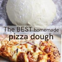 A ball of pizza dough on a floured wood counter and a slice of pizza