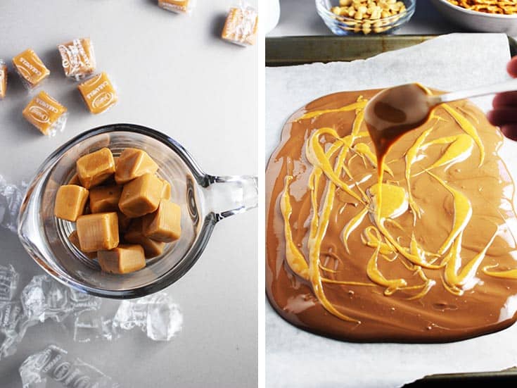 caramels in a measuring cup and melted and drizzled over chocolate for chocolate caramel bark