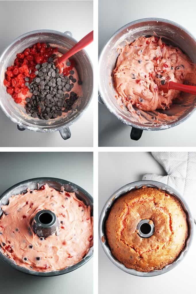 Process shots for making batter for and baking a cherry chocolate cake in a bundt pan