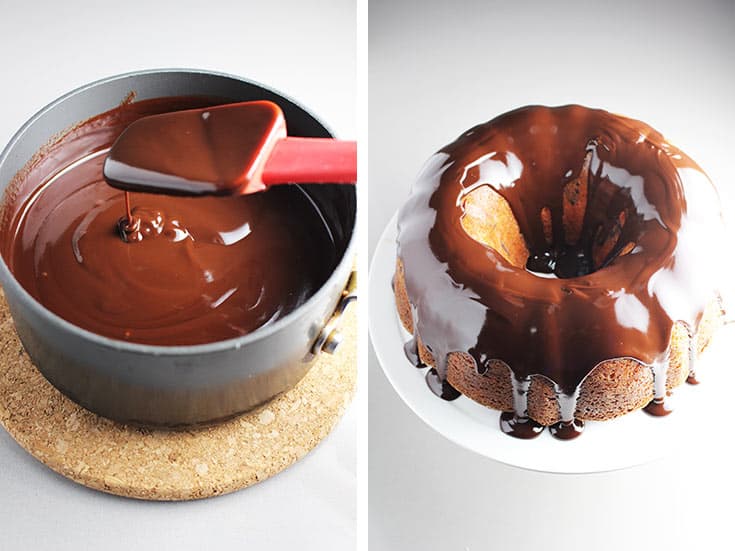 Chocolate glaze in a small saucepan and poured over a cherry chocolate cake