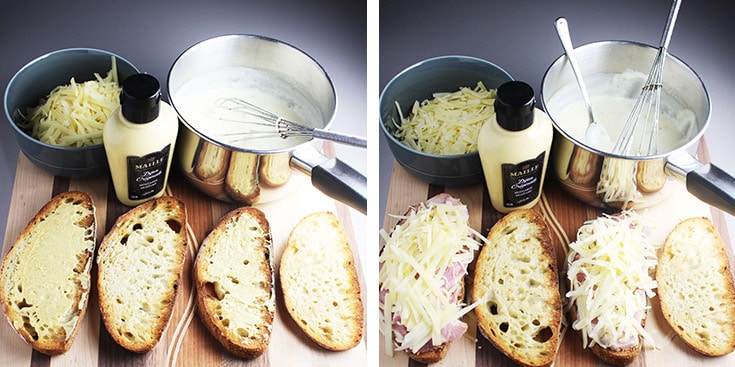 Assembly of a croque monsieur. Dijon spread on two slices of bread, and the same two sliced covered with bechamel, ham and cheese