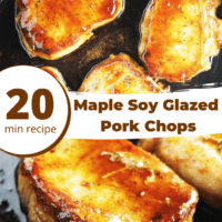 Maple soy glazed pork chops in a cast iron skillet
