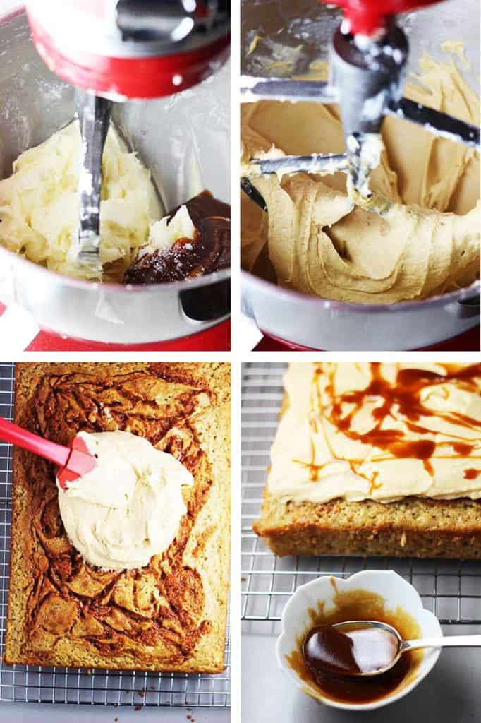 Caramel frosting in a stand mixer and being spread on a banana cake