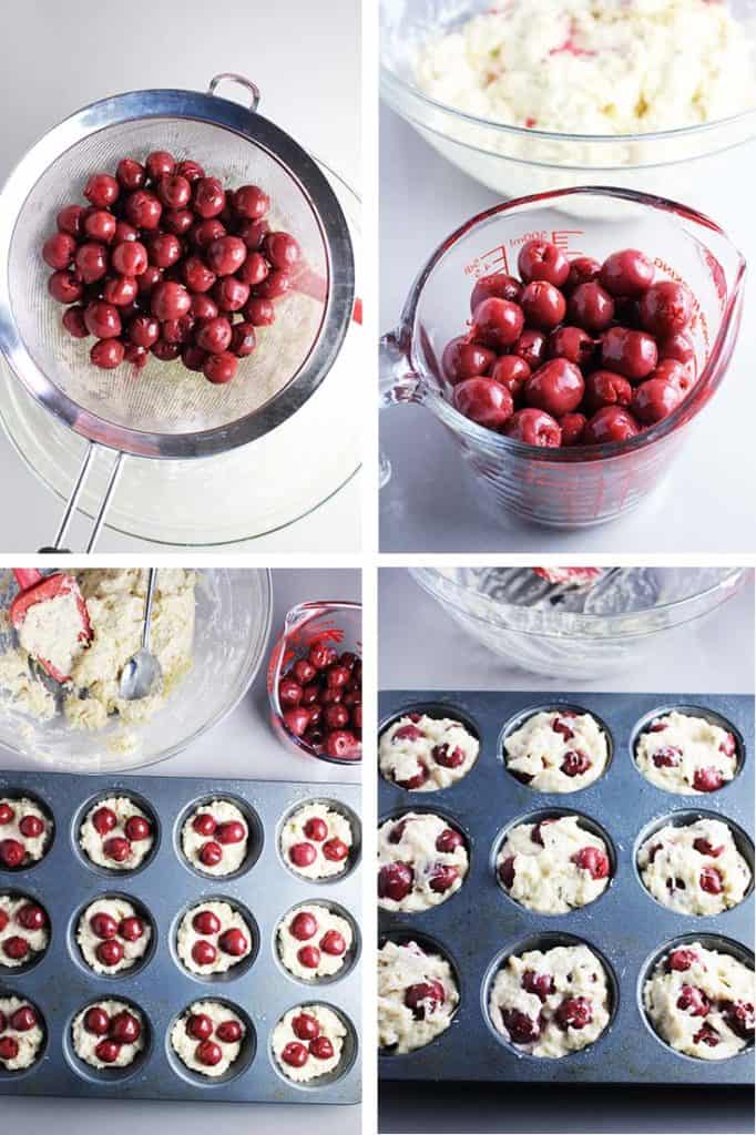 Sour cherries being drained and added to muffin batter, then distributed into a muffin tin