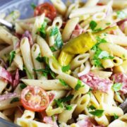 Closeup of Italian pasta salad in a large bowl