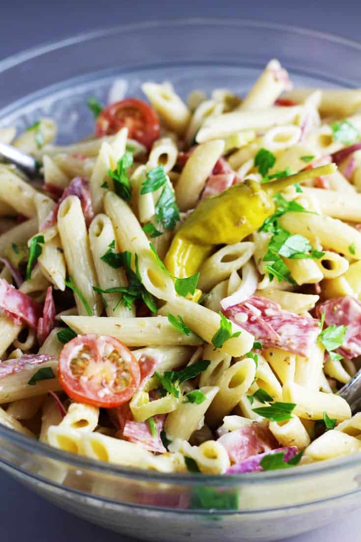 Closeup of Italian pasta salad in a large bowl