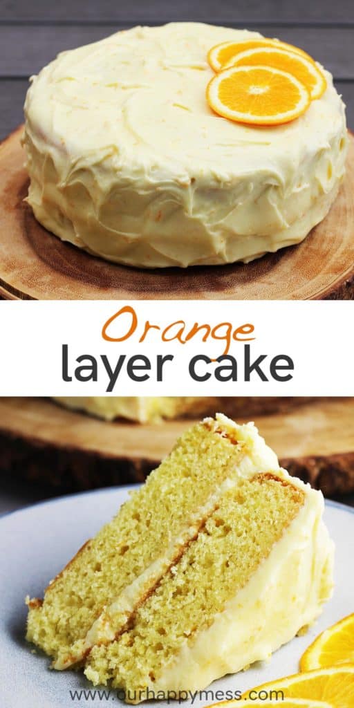 An unsliced orange layer cake on a wooden board, and a slice of the same cake on a plate