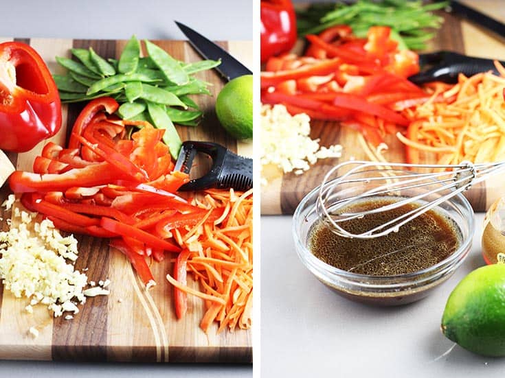 stir fry vegetables sliced on a cutting board