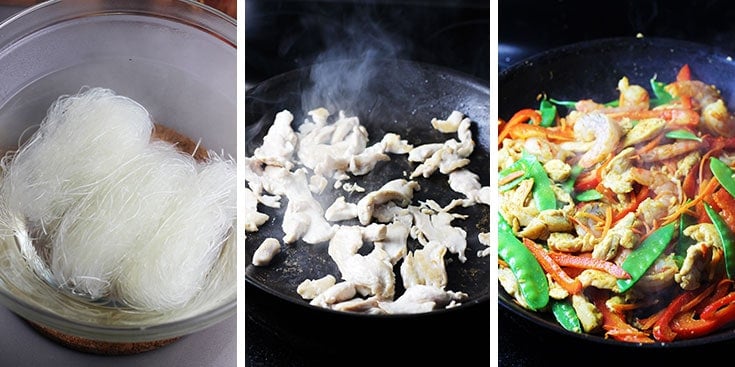 Rice vermicelli noodles in a bowl of hot water, sliced chicken breast cooking in a pan, and singapore noodles cooking in a pan