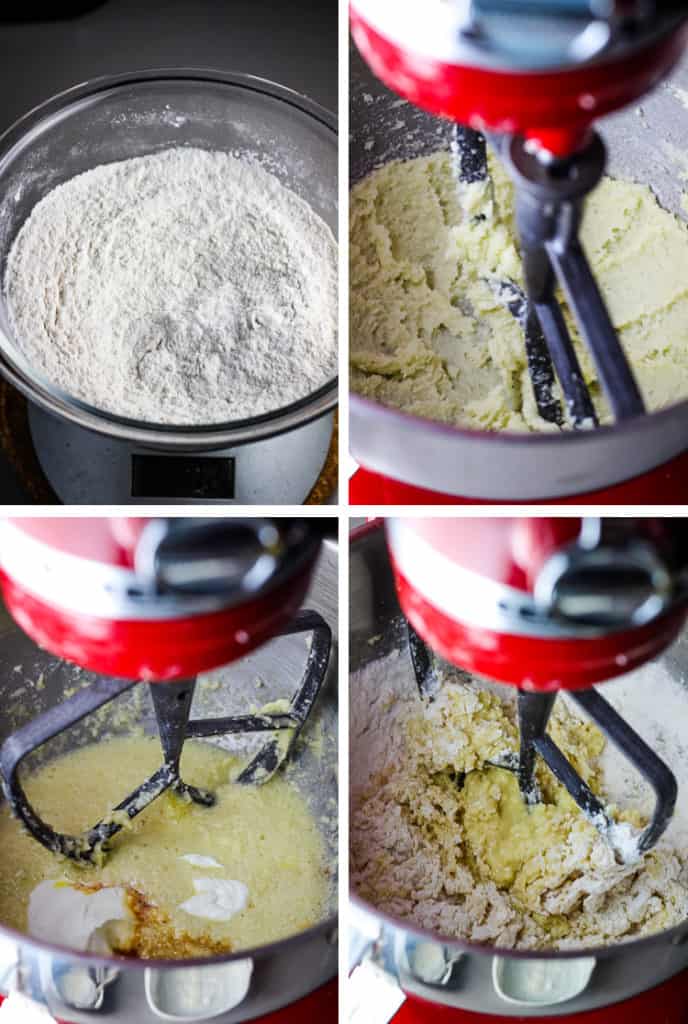 Four images of coffee cake batter in various stages in a stand mixer