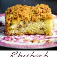 A piece of rhubarb coffee cake with streusel in a decorative plate