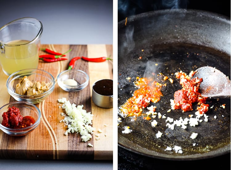 Ingredients for peanut sauce on a wooden cutting board, and garlic, chile paste and tomato paste being fried in a skillet