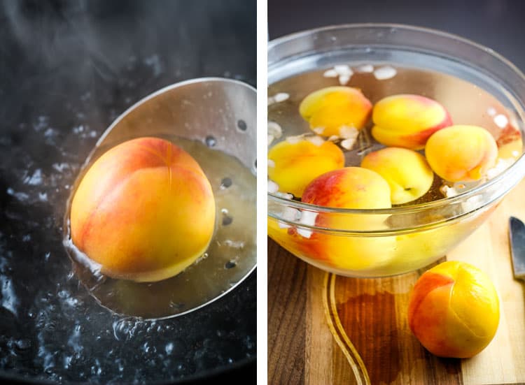 A peach in boiling water to remove the skin and next to that, peaches in an ice bath ready to be peeled