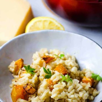 A bowl of roasted butternut squash risotto