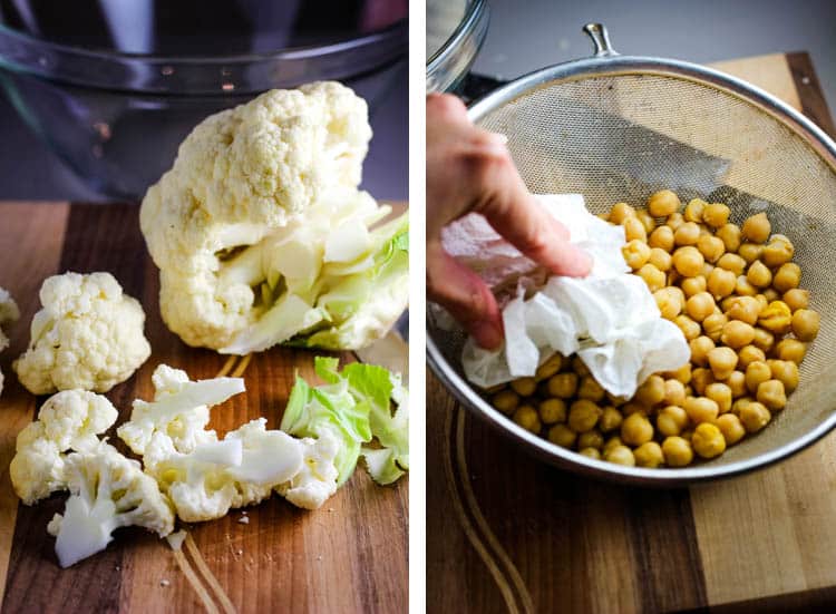 Cauliflower being separated into florets and chickpeas being drained and dried
