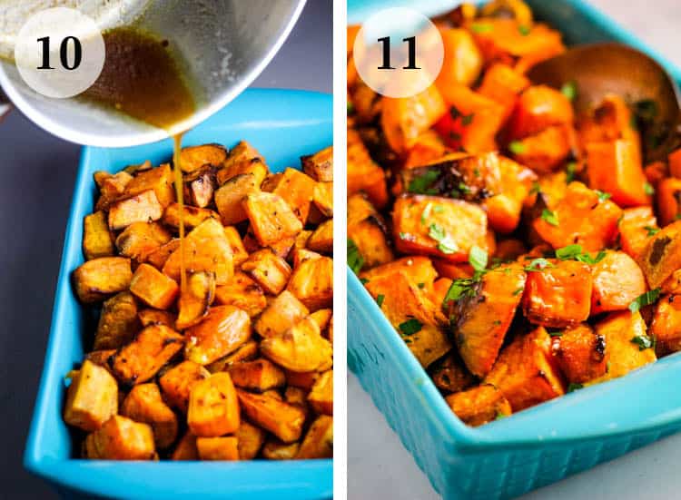Tossing roasted sweet potatoes with brown butter and maple glaze