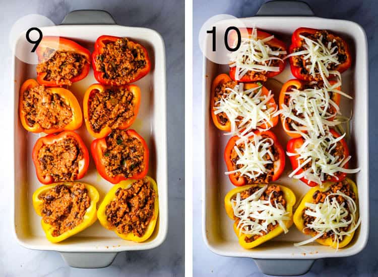 colorful bell peppers, halved and stuffed with vegetarian quinoa mixture and sprinkled with cheese