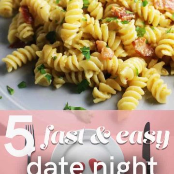 Rotini carbonara on a plate with text overlay for 5 date night dinners