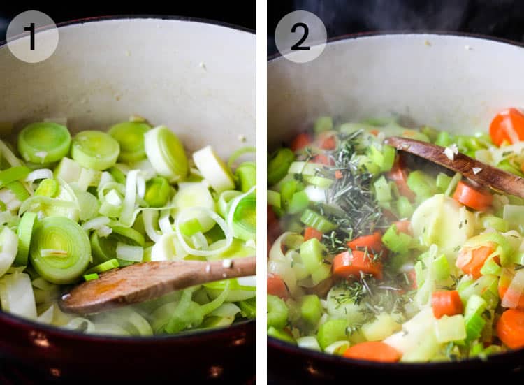 Leeks and carrots being sauteed in a dutch oven