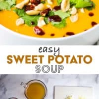 A bowl of sweet potato soup and ingredients to make it with text overlay