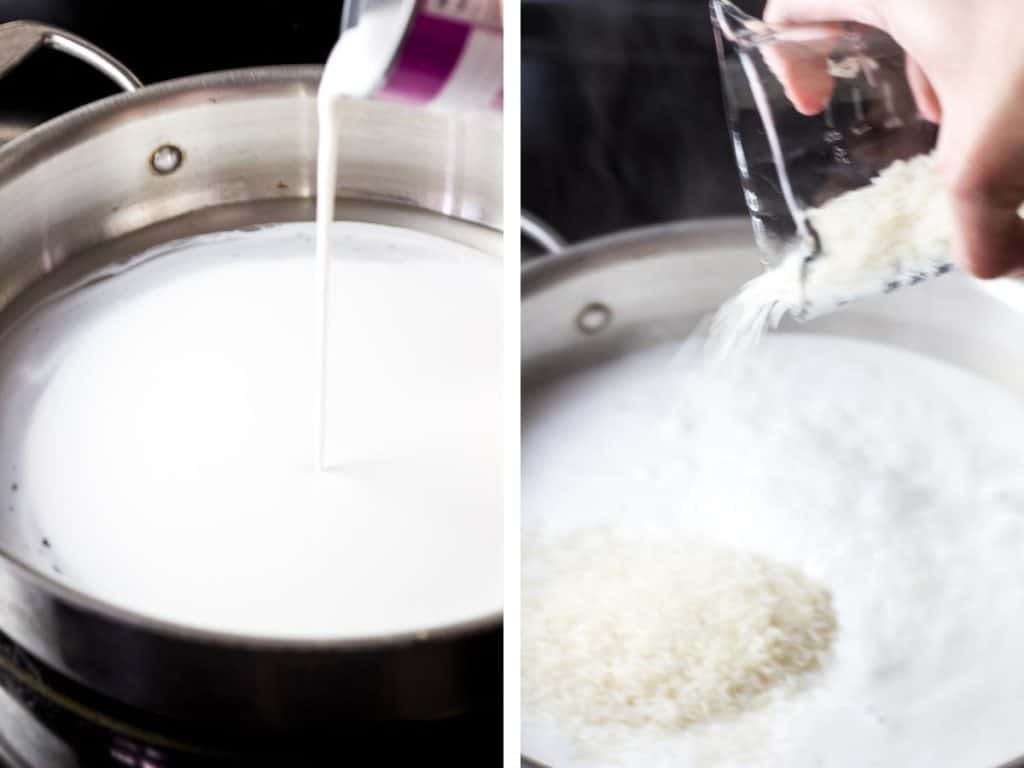 Coconut milk and water heating in a pan and with rice being added