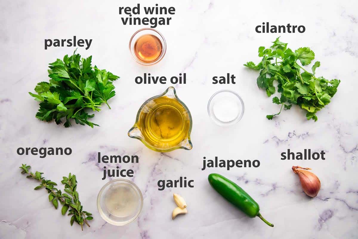 Ingredients for cilantro chimichurri with labels.