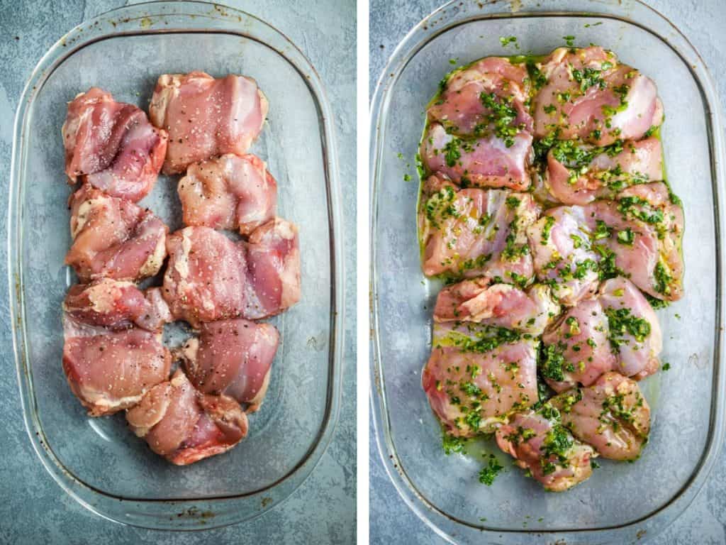 Chicken thighs in a baking dish and then coated with marinade