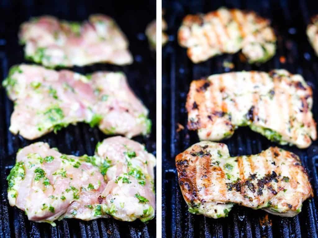 Chicken thighs cooking on the grill