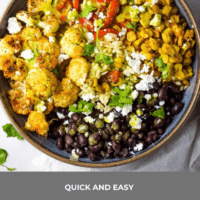 A vegetarian burrito bowl with roasted vegetables, rice and beans, with text overlay