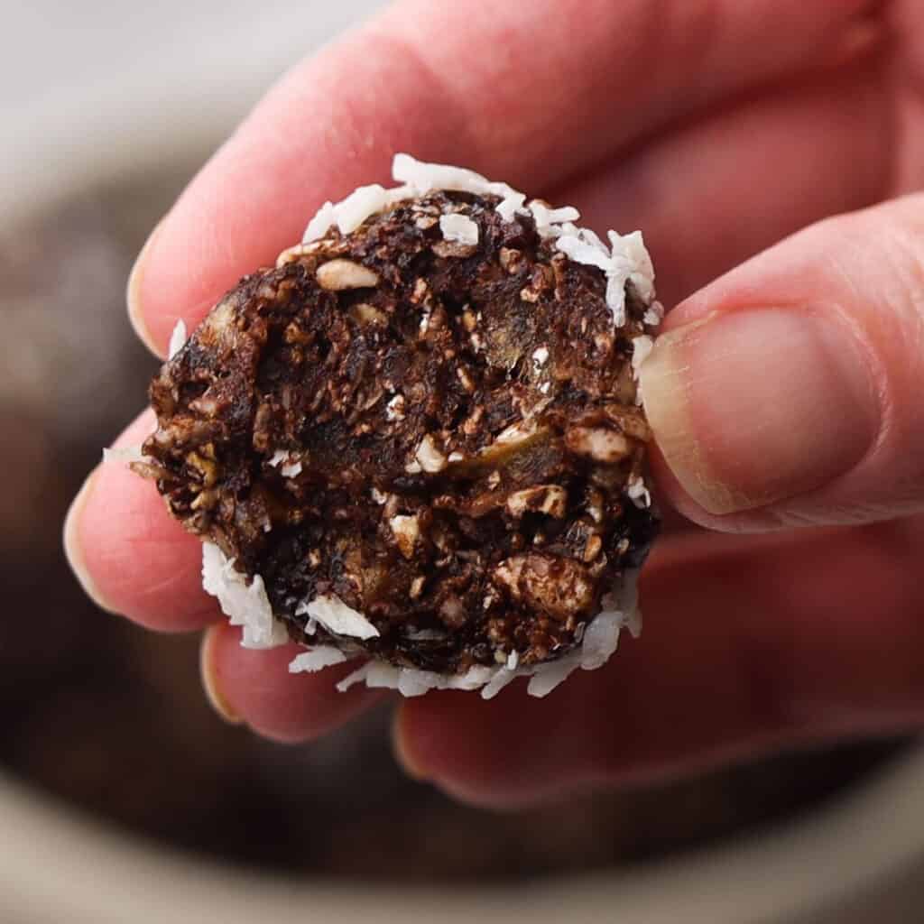 Closeup of the inside of a date energy ball.
