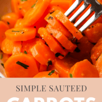 A bowl of sauteed carrot coins with some pierced on a fork, with text overlay.