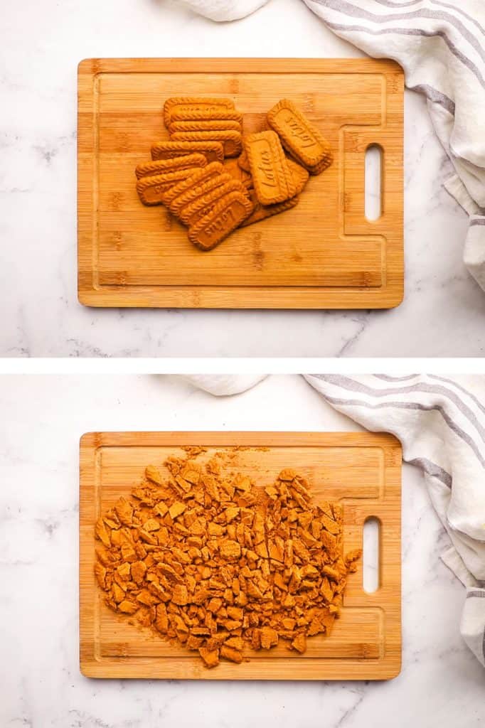Whole Biscoff cookies on a cutting board, and chopped cookies on a cutting board.