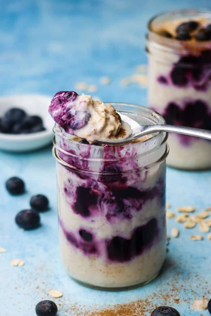 Spoonful of blueberry overnight oatmeal.