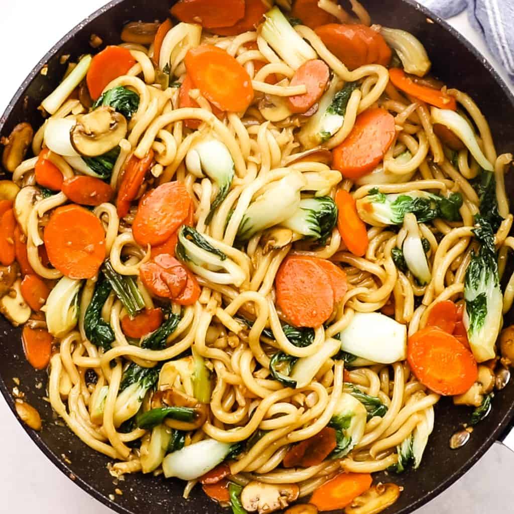 Udon stir fry in a pan