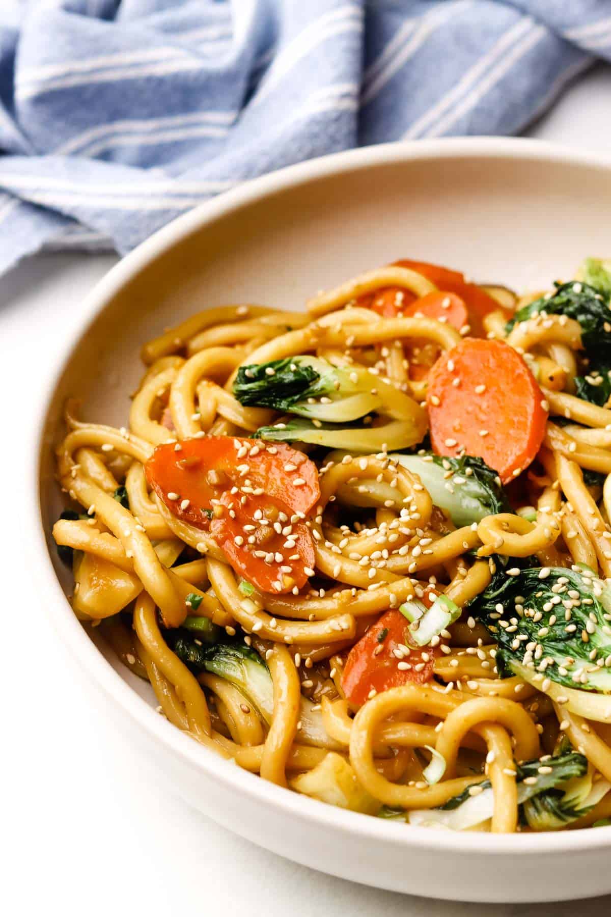 Udon stir fry in a bowl.