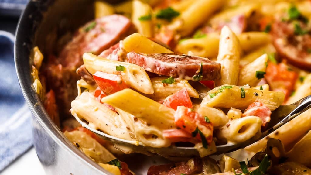 Spoonful of Cajun Sausage Pasta.