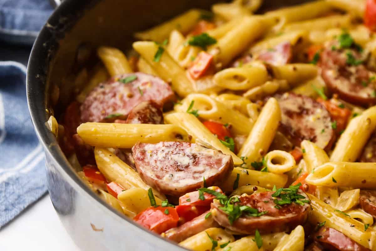 Pot of Cajun sausage pasta.