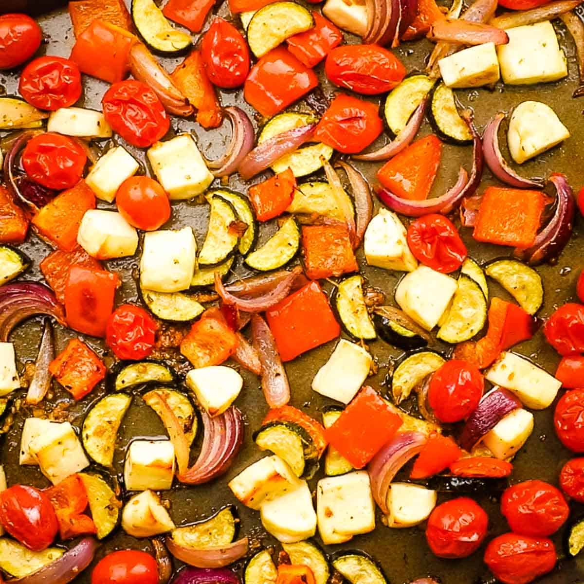 Roasted vegetables and cheese.